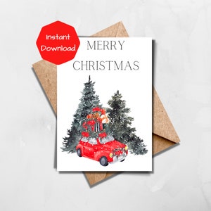 5x7 Christmas Postcard, Santa’s Car Tree Truck Xmas Holiday Card, New Happy Greeting, DIY Merry Christmas Cards Printable Pdf, Download