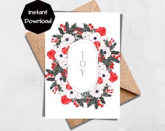 Cartão de Natal Floral Joy, Mensagem de Boas Festas (Download em PDF)