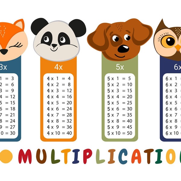 Printable Stickers multiplication tables 1x-10x with animals 10 piece set PDF and PNG instant download