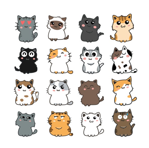 Printable Sticker Sheet Cute Cats 16 Pieces Instant Download PDF With Funny  Playful Shy Happy Curious Grumpy 