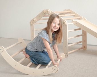 Montessori climber. Indoor playground. Wooden baby gym. Climbing triangle. Baby yoga