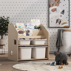 Spielzeugaufbewahrung 2 in 1. Bücherregal. Kinder Bücherregal. Montessori-Möbel. Sperrholzmöbel