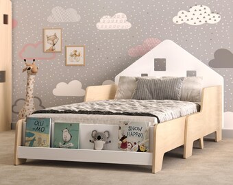 Cama Montessori. Cama de suelo para niños pequeños con LED. Cama-casita infantil. Muebles Montessori.