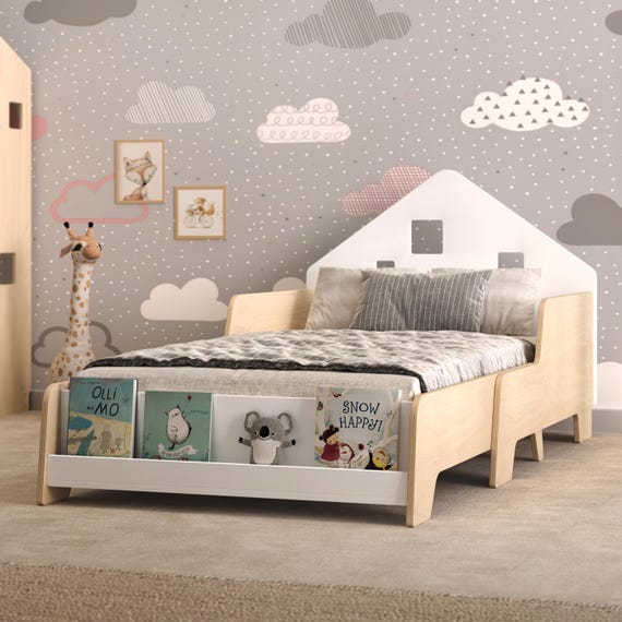 Toddler floor bed with LED light. Montessori inspired plywood furniture