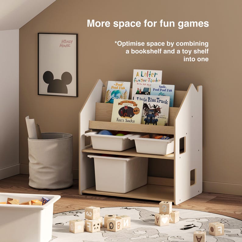 Toy storage and bookcase 2 in 1. Montessori inspired plywood furniture image 3