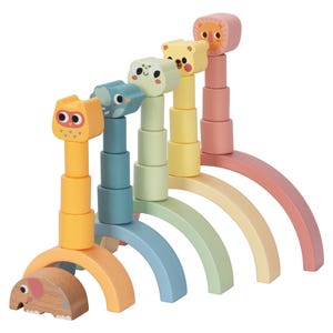 May include: A rainbow-colored wooden stacking toy with animal faces on each piece. The toy is made up of five arches that can be stacked on top of each other. The arches are in the colors of the rainbow, starting with red at the bottom and ending with purple at the top. The animal faces are all different, and they include a lion, a bear, a turtle, an owl, and an elephant.