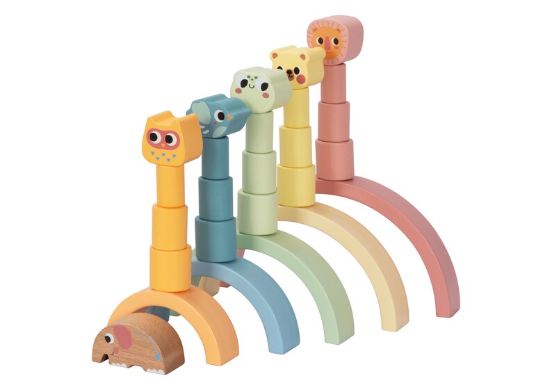 May include: A rainbow-colored wooden stacking toy with animal faces on each piece. The toy is made up of five arches that can be stacked on top of each other. The arches are in the colors of the rainbow, starting with red at the bottom and ending with purple at the top. The animal faces are all different, and they include a lion, a bear, a turtle, an owl, and an elephant.