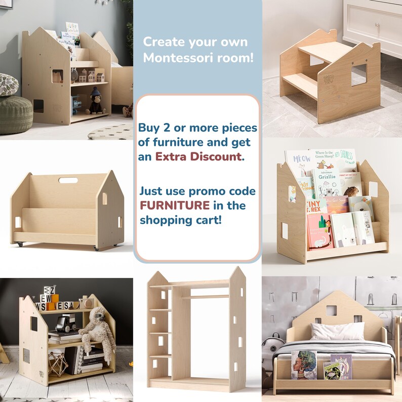 May include: A set of wooden Montessori furniture for children, including a bookshelf, a playhouse, a wardrobe, a bed, and a step stool. The furniture is all made of natural wood and has a simple, modern design. The furniture is perfect for creating a fun and educational play space for children.