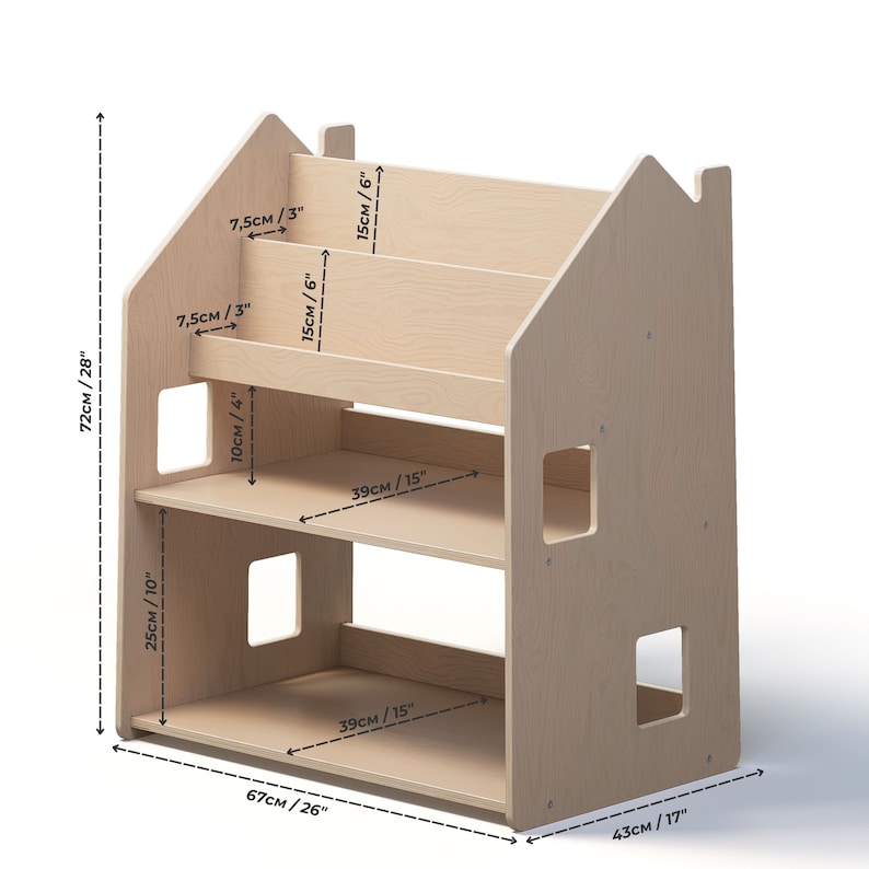 May include: A wooden bookshelf shaped like a house with two shelves and open sides. The bookshelf is 28 inches tall, 26 inches wide, and 17 inches deep. The shelves are 10 inches deep and 15 inches wide.