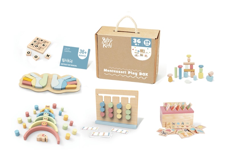 May include: A wooden Montessori play box set with 115 pieces. The set includes a variety of wooden toys, such as a rainbow stacking tower, a shape sorter, a bead maze, and a tic-tac-toe game. The box is made of natural wood and is painted in pastel colors. The set is designed to help children develop their fine motor skills, problem-solving skills, and creativity.