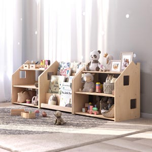 Wooden Kids&#39; Bookshelf and Toy Storage Set – Montessori Toy Organizer – Natural