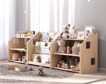 Houten boekenplank en speelgoedopbergset voor kinderen – Montessori speelgoedopberger – naturel