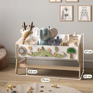 Montessori Storage  for Kids – Wooden Toy Shelf and Book Display | Open Access Furniture with Busy Board