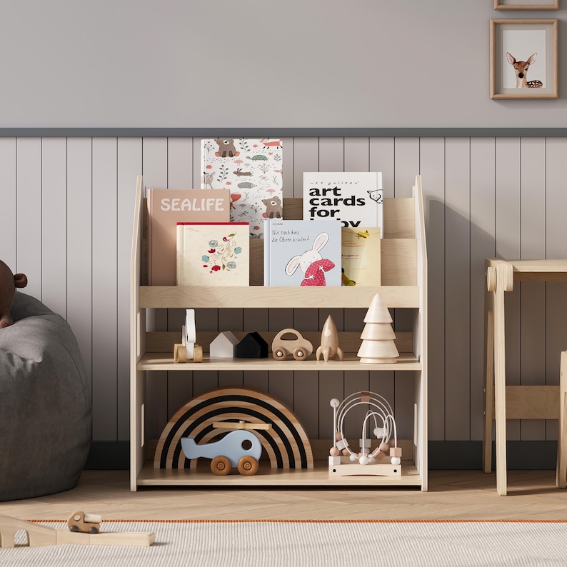 Toy storage and bookcase 2 in 1. Montessori inspired plywood furniture image 1
