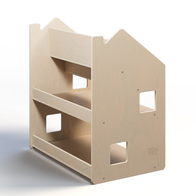 May include: A light wood bookshelf with three shelves and two cut-out windows. The bookshelf is shaped like a house.
