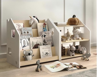 Montessori Kids Bookshelf & Toy Storage Set – Wooden Book Display Shelf for Toddlers, Playroom Organizer