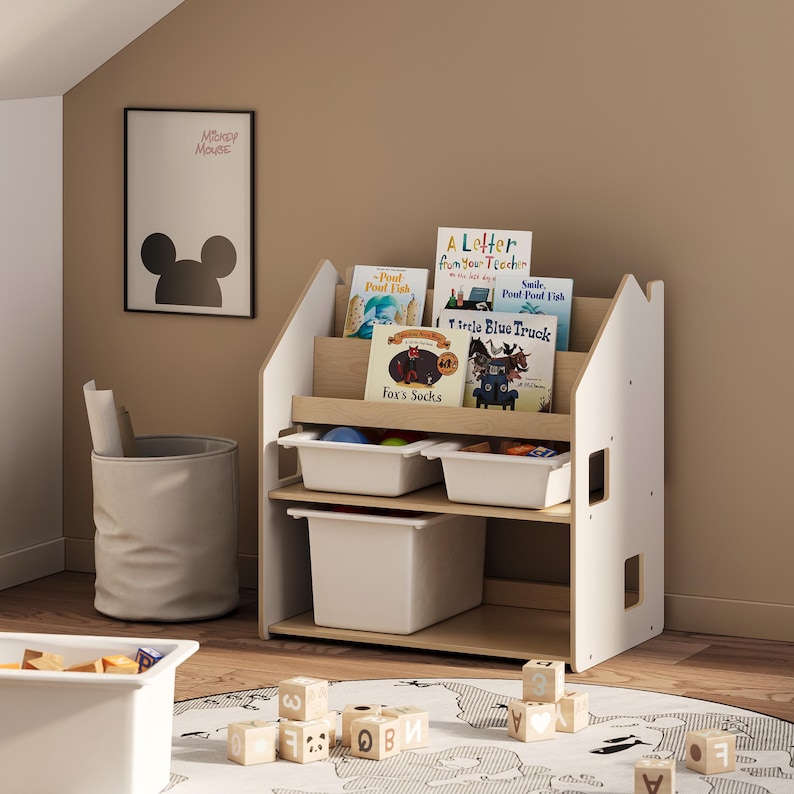 Toy storage and bookcase 2 in 1. Montessori inspired plywood furniture image 7