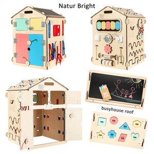 Occupé à bord bébé. Cube sensoriel. Maison de jeu en bois. Jouets Montessori pour bébé. Tout-petit à bord occupé. Maison occupée. Busyhouse Bright