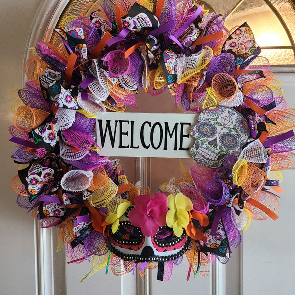 Sugar Skull Wreath, Dia de los Muertos wreath, Day of the Dead, Halloween