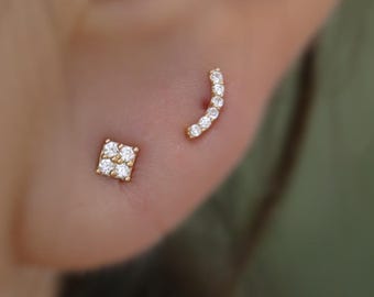 14K Solid Gold Curved Bar Stud Earrings, Minimalist Zirconia Jewelry
