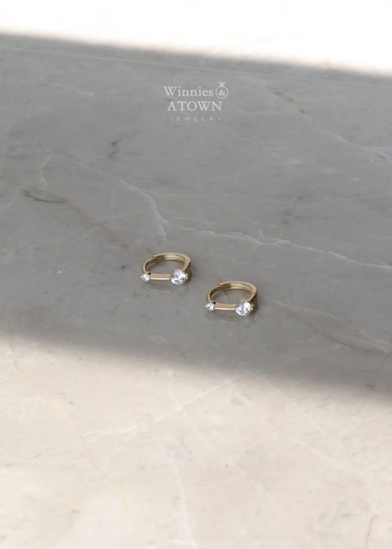 9K Solid Gold Hoop Earrings, Dainty Mini Zirconia Jewelry