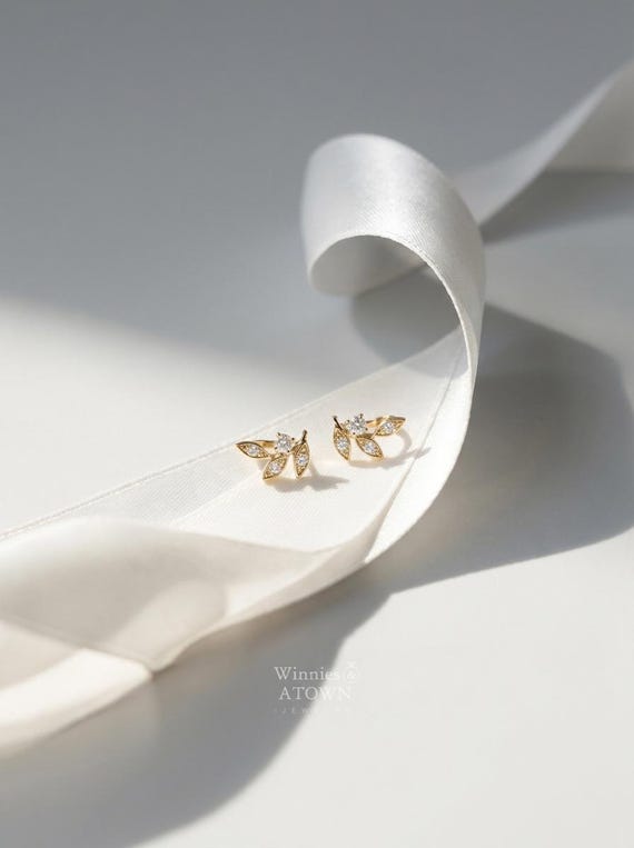 9K Solid Gold Leaf Hoop Earrings, Dainty Mini Zirconia Jewelry