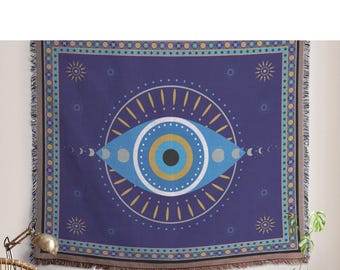 Evil Eye Woven Blanket, Blanket Throw Couch, Santorini Protection Lucky Charm Talisman, Positive Vibes Only, Eye of Protection Wall Tapestry