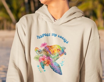 Respecteer de lokale bevolking Beachy hoodie | Zeeschildpad kokosnoot meisje sweatshirt | Strandsweater | Oceaan dierenshirt | Oceaan geïnspireerde stijlen