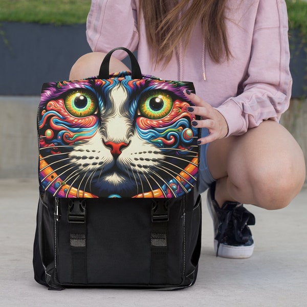 Mystical Cat Backpack | Magic Mushroom Rave Gear | Canvas Backpack | Messenger Bag | Duffel Bag | Burning Man Gear | Festival Accessories