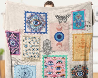 Evil Eye Fleece Blanket, Vintage Postage Stamps, Protect Your Energy, Positive Vibes Only Reading Blanket, Bestie Fleece Blanket, Hamsa Hand