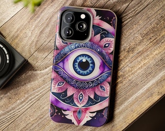 Purple Evil Eye Phone Case, Cosmic Mandala Phonecases, iPhone 12 13 14 15 Pro Max, Eye of Protection Phone Case, iPhone 16, Samsung Galaxy