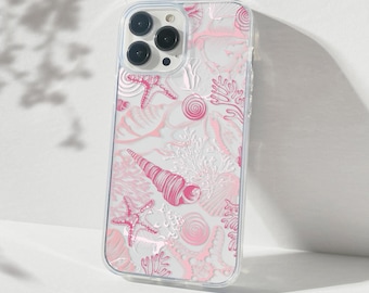 Magnetic Clear Phone Case, Pink Seashells Summer, Coconut Girl iPhone 14, iPhone 15, iPhone 16 Pro Max, Beachy Phone Case, Wireless Charging