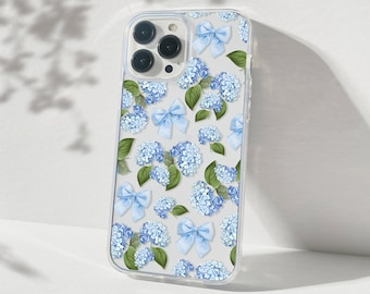 iPhone 16, 15 Clear Phone Case, Summer Phonecases, Blue Hydrangea Cottagecore Preppy Flower iPhone 14, iPhone 12, iPhone 11, Samsung Galaxy