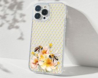 Bee iPhone 16 Case, Honeycomb Phone Case Cover, Clear Bee Case iPhone 15 14 13 12 Pro Max, Samsung Galaxy S25 S24 S23 S22, Gift for Gardener