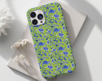 Toile Handy Hülle, Blaue Kokette Blumen iPhone Hülle, Minimalistische Blumen Chinoiserie, iPhone 16 Pro, 15 14 13, Samsung S23
