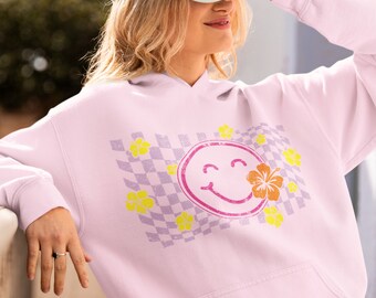 Y2K Hoodie, Hibiscus Shirt, Smiley Face Coconut Girl Beach Hoodie, Mermaidcore Aloha Shirt, Beachy Sweatshirt, Preppy Stuff, Crop Hoodie