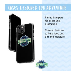 May include: A clear phone case with a black background and a colorful graphic of a logo that says "ENSPIRED TEES". The case has raised bumpers for protection and covered buttons to keep out dirt and moisture.