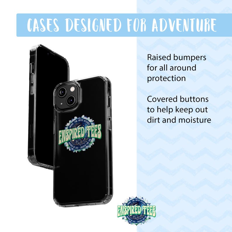 May include: A clear phone case with a black background and a colorful graphic of a logo that says "ENSPIRED TEES". The case has raised bumpers for protection and covered buttons to keep out dirt and moisture.