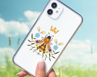 Honey Bee Clear iPhone Case, Queen Bee Floral Phone Cover