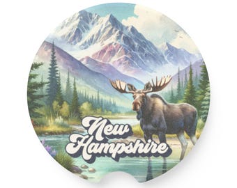 Cute Car Coaster, New Hampshire Moose Decor, Nature Lover Gifts for Hikers, 52 With A View, Mountains of New Hampshire