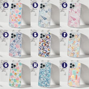 May include: Ten different phone cases with various sea-themed designs. Each case features a clear background with colorful illustrations of seashells, starfish, and other ocean creatures.