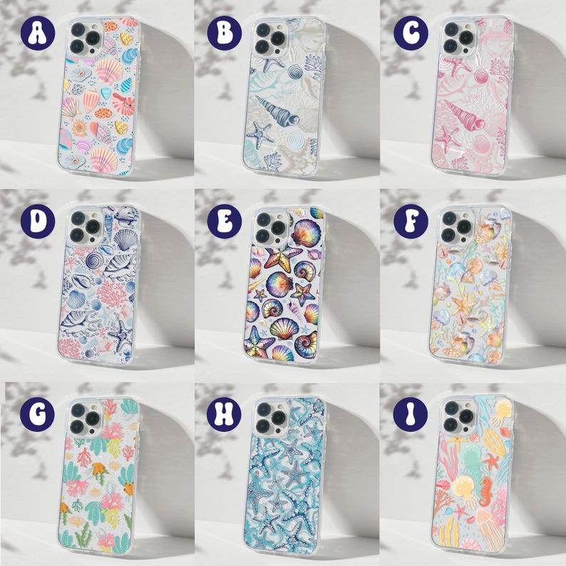 May include: Ten different phone cases with various sea-themed designs. Each case features a clear background with colorful illustrations of seashells, starfish, and other ocean creatures.