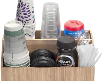 Mobilevision Bamboo Coffee Condiment & Accessory Organizer holds Cups, Lids, Espresso Pods, more Kitchen Use, 4 Sections