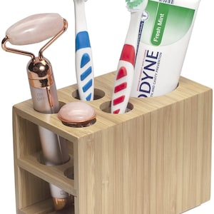 Soporte para cepillo de dientes y pasta de dientes MobileVision para almacenamiento de tocador de baño, bambú, 5 ranuras