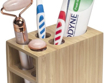 MobileVision Toothbrush and Toothpaste Holder Stand for Bathroom Vanity Storage, Bamboo, 5 Slots