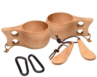 MobileVision Wooden Kuksa Cup Camping Set, (Pack of 2) with Spoons and Clips