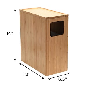 May include: A natural bamboo cat litter box with a removable top and a 14" tall, 13" wide, and 6.5" deep design.