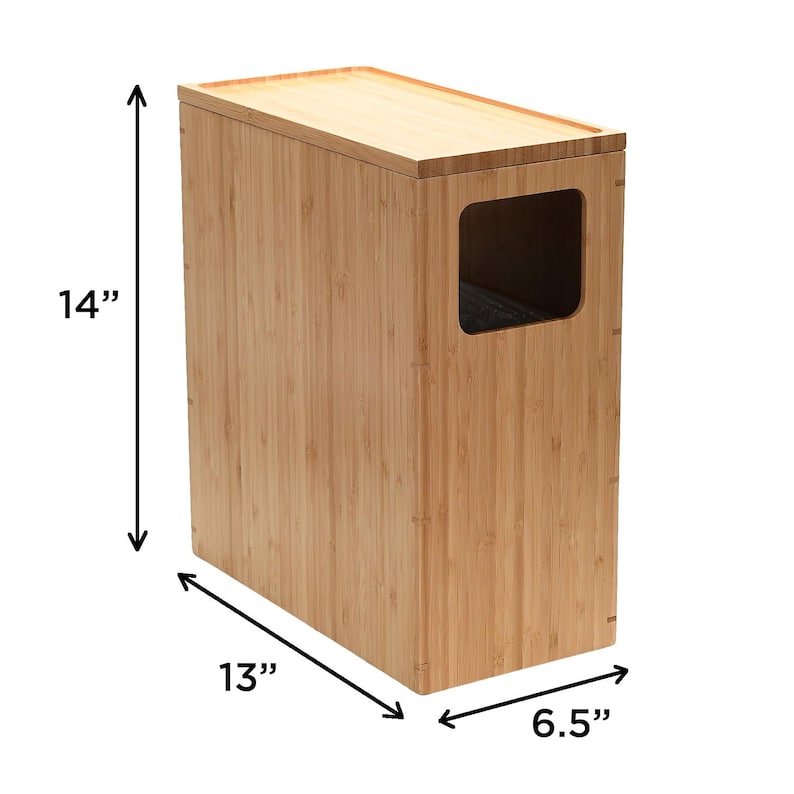 May include: A natural bamboo cat litter box with a removable top and a 14" tall, 13" wide, and 6.5" deep design.
