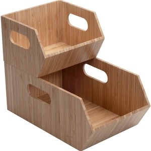 Mobilevision Bamboo Storage Bins for Pantry & Kitchen Cabinet Organizer Multi-Purpose 2 Piece Stackable Set