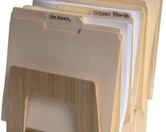 Mobilevision Bamboo Desktop Inclined File Folder Organizer and Paper Tray, Upright Sections, Step Sorter, 5 Slots